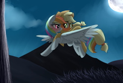 Size: 2800x1900 | Tagged: safe, artist:misspolycysticovary, derpibooru import, applejack, rainbow dash, earth pony, pegasus, pony, appledash, bedroom eyes, female, flying, lesbian, moon, ponies riding ponies, riding, shipping