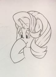 Size: 1421x1957 | Tagged: safe, artist:anonymous, starlight glimmer, pony, unicorn, black and white, boop, exploitable meme, glimmerposting, grayscale, lidded eyes, meme, monochrome, raised eyebrow, self-boop, smiling, smirk, solo, traditional art