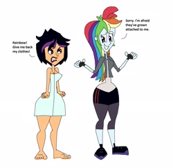 Size: 2329x2265 | Tagged: safe, artist:hunterxcolleen, derpibooru import, rainbow dash, equestria girls, angry, big hero 6, clothes, crossover, gogo tomago, grin, nervous, nervous grin, shrug, simple background, smiling, towel, white background