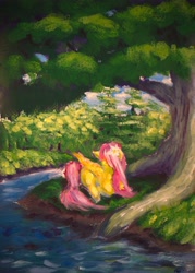 Size: 2743x3823 | Tagged: safe, artist:anoldmate, fluttershy, pegasus, pony, scenery, solo, traditional art, tree, water