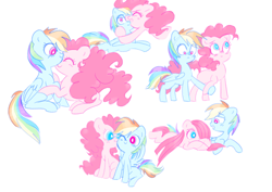 Size: 9003x6369 | Tagged: safe, artist:pinkablue, derpibooru import, pinkie pie, rainbow dash, earth pony, pegasus, pony, absurd resolution, blushing, duo, female, holding hooves, hug, lesbian, lying, mare, nuzzling, pinkamena diane pie, pinkiedash, prone, shipping, simple background, sitting, white background