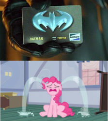 Size: 402x450 | Tagged: safe, pinkie pie, earth pony, pony, bat credit card, batman, batman and robin, credit card, crying, nostalgia critic, obligatory pony, ocular gushers