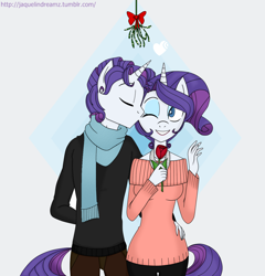 Size: 1228x1278 | Tagged: dead source, safe, artist:jaquelindreamz, elusive, rarity, anthro, female, kissing, male, mistletoe, rarilusive, rule 63, self ponidox, selfcest, shipping, straight