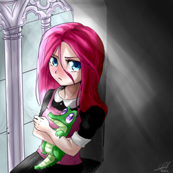 Size: 1300x1300 | Tagged: safe, artist:zorbitas, gummy, pinkie pie, human, humanized, pinkamena diane pie