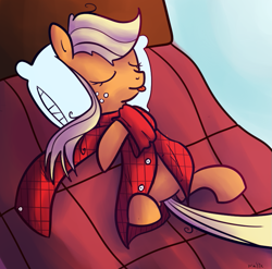 Size: 777x768 | Tagged: safe, artist:nasse, artist:rustydooks, applejack, earth pony, pony, :p, bed, clothes, cute, jackabetes, pillow, shirt, sleeping, solo, tongue out