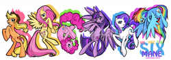 Size: 2000x714 | Tagged: safe, artist:oddlittleleaf, derpibooru import, applejack, fluttershy, pinkie pie, rainbow dash, rarity, twilight sparkle, twilight sparkle (alicorn), alicorn, earth pony, pegasus, pony, unicorn, female, mane six, mare