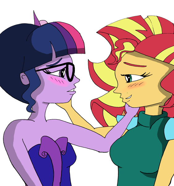 900205 - safe, artist:missmayaleanne, sci-twi, sunset shimmer, twilight  sparkle, equestria girls, legend of everfree, 1000 hours in gimp, blushing,  caress, clothes, crystal gala, female, lesbian, scitwishimmer, shipping,  simple background ...