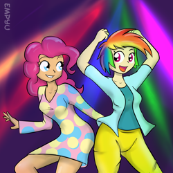 Size: 1000x1000 | Tagged: safe, artist:empyu, derpibooru import, pinkie pie, rainbow dash, human, clothes, dancing, disco, dress, duo, humanized, smiling