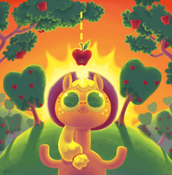 Size: 1860x1888 | Tagged: safe, artist:hamigaki-momo, applejack, earth pony, pony, apple, solo, sun, surreal, sweet apple acres, tree