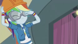 Size: 1280x720 | Tagged: safe, derpibooru import, screencap, rainbow dash, better together, constructive criticism, constructive criticism: rainbow dash, equestria girls, clothes, eyes closed, geode of super speed, goggles, hard hat, magical geodes, solo