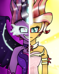 Size: 400x500 | Tagged: safe, artist:lunathedragonbunny, midnight sparkle, sci-twi, sunset shimmer, twilight sparkle, equestria girls, friendship games, artificial wings, augmented, clothes, daydream shimmer, dress, duo, glowing eyes, magic, magic wings, split screen, wings