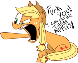 Size: 2925x2371 | Tagged: safe, artist:frozenfish696, applejack, earth pony, pony, .mov, apple.mov, female, fuck you i can eat all these apples, jappleack, mare, pony.mov, simple background, solo, transparent background, vector, vulgar