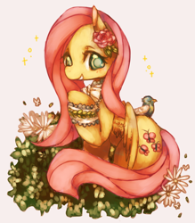 Size: 700x800 | Tagged: safe, artist:tanlin, artist:碳鱗*:･ﾟ✧, fluttershy, bird, pegasus, pony, flower ornament, lace, pixiv, solo