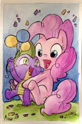 Size: 1000x1507 | Tagged: safe, artist:agnesgarbowska, pinkie pie, spike, dragon, earth pony, pony, cover, official, traditional art