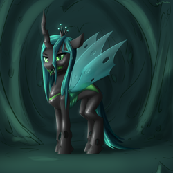 Size: 2500x2500 | Tagged: safe, artist:shido-tara, queen chrysalis, changeling, changeling queen, female, green eyes, high res, hive, looking at you, open mouth, solo, tongue out