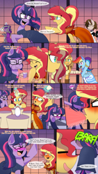 Size: 1500x2667 | Tagged: safe, artist:jase1505, derpibooru import, applejack, rainbow dash, sci-twi, sunset shimmer, twilight sparkle, oc, oc:ryleigh, earth pony, pegasus, pony, unicorn, comic:night at the gala, series:cloudsdale symphony, series:sunlight horizons, appledash, blushing, cake, choker, clothes, comic, dab, dancing, dialogue, do the sparkle, dress, drunk, drunk twilight, drunker shimmer, eating, equestria girls ponified, eyes closed, female, food, gala dress, glasses, grand galloping gala, lesbian, magic, maid, mare, narration, ponified, scitwishimmer, shipping, speech bubble, spit take, sunsetsparkle, unicorn sci-twi, vomit, vomiting