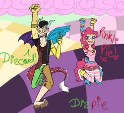Size: 1024x929 | Tagged: safe, artist:cheshireparadox, discord, pinkie pie, human, barefoot, chaos, discorded landscape, eared humanization, feet, horned humanization, humanized, tailed humanization, winged humanization
