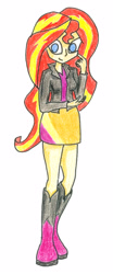 Size: 1700x4100 | Tagged: safe, artist:matmax426, sunset shimmer, equestria girls, absurd resolution, boots, clothes, jacket, leather jacket, skirt, smiling, solo, traditional art