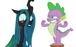 Size: 1127x697 | Tagged: safe, edit, edited edit, editor:undeadponysoldier, queen chrysalis, spike, alicorn, changeling, changeling queen, dragon, blushing, chryspike, cute, cutealis, edited vector, female, impressed, looking good spike, male, muscles, shipping, simple background, stool, straight, white background