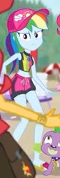 Size: 708x2100 | Tagged: safe, derpibooru import, rainbow dash, spike, spike the regular dog, sunset shimmer, dog, better together, equestria girls, forgotten friendship, clothes, feet, hat, legs, midriff, offscreen character, sandals, sports bra, swimming trunks