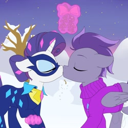 Size: 894x894 | Tagged: safe, radiance, rarity, oc, oc:kydose, pony, unicorn, canon x oc, clothes, hearth's warming, kissing, mistletoe, raridose, romantic, shipping, snow, sweater