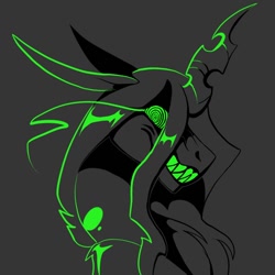 Size: 1000x1000 | Tagged: safe, artist:rockin_candies, queen chrysalis, changeling, changeling queen, bust, fangs, female, gray background, grin, horn, simple background, smiling, solo, swirly eyes