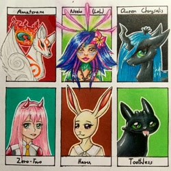 Size: 1080x1080 | Tagged: safe, artist:crystal.moon_art, queen chrysalis, anthro, changeling, changeling queen, dragon, rabbit, :p, amaterasu, animal, anthro with ponies, beastars, bust, clothes, devil horns, female, forked tongue, haru (beastars), how to train your dragon, kitsune, league of legends, neeko, okami, six fanarts, tongue out, toothless the dragon