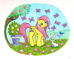 Size: 1200x951 | Tagged: safe, artist:kaikaku, angel bunny, fluttershy, bird, butterfly, pegasus, pony, flower, tree