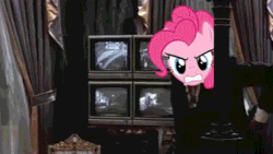 Size: 360x203 | Tagged: safe, edit, pinkie pie, human, parasprite, swarm of the century, angry, animated, gif, musical instrument, say hello to my little friend, scarface, shooting, trumpet