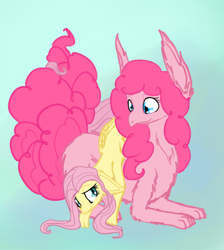 Size: 660x738 | Tagged: dead source, safe, artist:versimer, fluttershy, pinkie pie, dragon, blue background, dragonified, female, flutterdragon, flutterpie, gradient background, impossibly large ears, lesbian, pinkiedragon, shipping, simple background, species swap