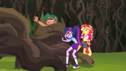 Size: 853x480 | Tagged: safe, screencap, sci-twi, sunset shimmer, timber spruce, twilight sparkle, equestria girls, legend of everfree, animated, clothes, coils, converse, gif, shoes, sneakers, this will end in pain