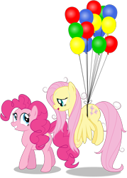 Size: 1428x2000 | Tagged: safe, artist:masem, fluttershy, pinkie pie, earth pony, pegasus, pony, balloon, floating, simple background, sweat, transparent background, vector