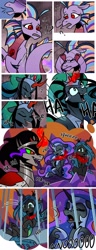 Size: 1280x3328 | Tagged: safe, artist:nancy-05, king sombra, nightmare moon, queen chrysalis, queen umbra, oc, oc:empress sacer malum, oc:melicus ostium, alicorn, changeling, changeling queen, pony, siren, comic:fusing the fusions, comic:time of the fusions, armor, comic, commissioner:bigonionbean, curved horn, female, fusion, fusion:empress sacer malum, fusion:melicus ostium, horn, imprisoned, jewelry, regalia, rule 63, tartarus, thought bubble, writer:bigonionbean