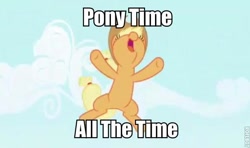 Size: 600x354 | Tagged: safe, edit, edited screencap, screencap, applejack, earth pony, pony, applebuck season, falling, happy, image macro, landing, roflbot, smiling, solo, time for ponies