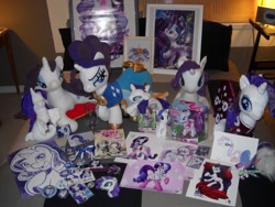 Size: 2189x1642 | Tagged: artist needed, safe, idw, rarity, sea pony, badge, button, collection, comic book, custom, dog tags, glass, irl, merchandise, much rarity, obsessive rarity fan, patch, photo, plushie, poster, print, toy, wet mane