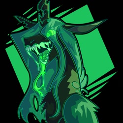 Size: 1000x1000 | Tagged: safe, artist:rockin_candies, queen chrysalis, changeling, changeling queen, abstract background, drool, fangs, female, grin, horn, open mouth, smiling, solo, swirly eyes, tongue out