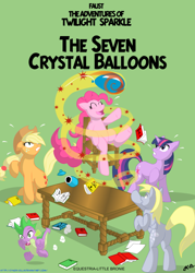 Size: 900x1258 | Tagged: safe, artist:cynos-zilla, applejack, derpy hooves, pinkie pie, spike, twilight sparkle, dragon, earth pony, pegasus, pony, female, mare, parody, style emulation, tintin