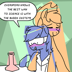 Size: 800x800 | Tagged: safe, artist:rawrienstein, derpibooru import, applejack, rainbow dash, earth pony, pegasus, pony, appledash, ask nerd dash, blushing, buddy system, clothes, comic, erlenmeyer flask, female, flask, glasses, goggles, hug, lab coat, lesbian, science, shipping, tumblr