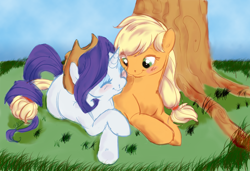 Size: 1334x914 | Tagged: source needed, safe, artist:clovercoin, applejack, rarity, earth pony, pony, unicorn, accessory swap, blushing, cuddling, female, holding tails, mare, prone, rarijack, shipping, smiling, tree, under the tree