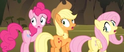 Size: 1280x541 | Tagged: safe, screencap, applejack, fluttershy, pinkie pie, earth pony, pegasus, pony, feeling pinkie keen, out of context, plot, shocked