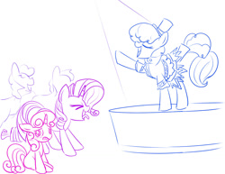 Size: 1280x988 | Tagged: safe, artist:mcsadat, rarity, sapphire shores, sweetie belle, pony, unicorn, stage