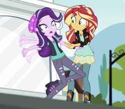 Size: 676x592 | Tagged: safe, starlight glimmer, sunset shimmer, equestria girls, mirror magic, spoiler:eqg specials, beanie, hat