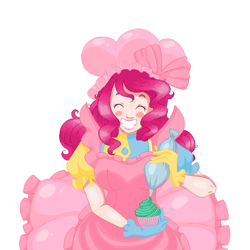 Size: 700x700 | Tagged: safe, artist:looji, pinkie pie, human, ace attorney, apron, baking, blushing, clothes, crossover, cupcake, food, frosting, gloves, humanized, solo