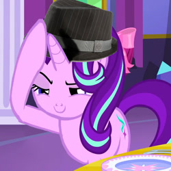 Size: 600x600 | Tagged: safe, edit, edited screencap, screencap, starlight glimmer, pony, unicorn, no second prances, boop, cropped, exploitable meme, fedora, female, glimmerposting, hat, lidded eyes, m'lady, mare, meme, raised eyebrow, self-boop, smiling, smirk, solo