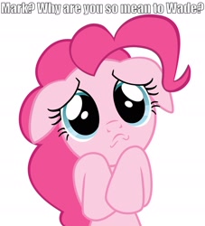 Size: 2132x2345 | Tagged: safe, pinkie pie, earth pony, pony, cute, floppy ears, image macro, looking at you, lordminion777, mark, markiplier, pouting, sad, simple background, solo, wade, white background