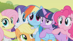 Size: 1280x720 | Tagged: safe, derpibooru import, screencap, applejack, fluttershy, pinkie pie, rainbow dash, rarity, twilight sparkle, earth pony, pegasus, pony, unicorn, the return of harmony, mane six