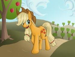 Size: 1024x768 | Tagged: safe, artist:darkdancing-blades, applejack, earth pony, pony, apple, blonde mane, female, mare, orange coat, solo