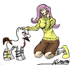 Size: 900x822 | Tagged: safe, artist:cjvselinmortal, fluttershy, pony, clothes, crossover, god of war, humanized, kratos, pet, ponified, sweater, sweatershy