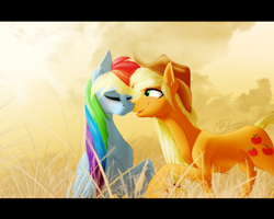 Size: 3500x2800 | Tagged: safe, artist:sevenada, derpibooru import, applejack, rainbow dash, earth pony, pegasus, pony, appledash, blushing, female, high res, lesbian, nuzzling, shipping