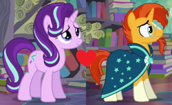 Size: 1376x844 | Tagged: safe, edit, edited screencap, screencap, starlight glimmer, sunburst, pony, unicorn, female, male, shipping, shipping domino, starburst, straight